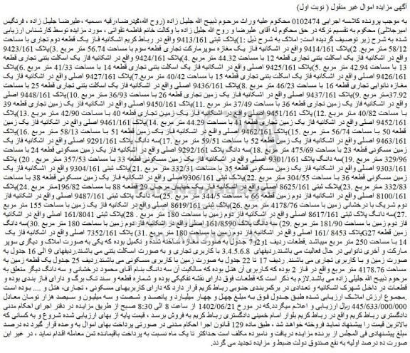 مزایده فروش یک قطعه دوم تجاری با مساحت 58/12 متر مربع. 2)پلاک 9414/161