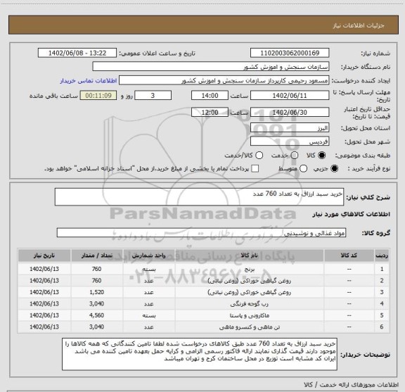 استعلام خرید سبد ارزاق به تعداد 760 عدد