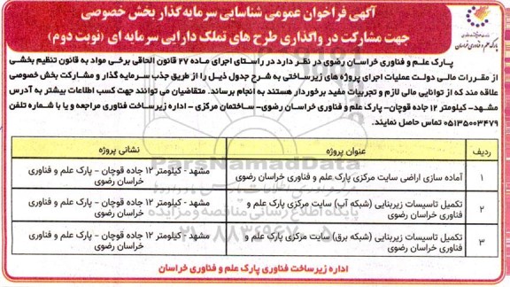 آگهی فراخوان عمومی شناسایی سرمایه گذار بخش خصوصی