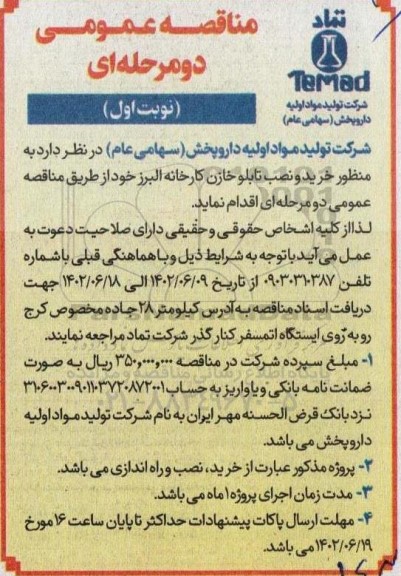 مناقصه خرید و نصب تابلو خازن کارخانه البرز 