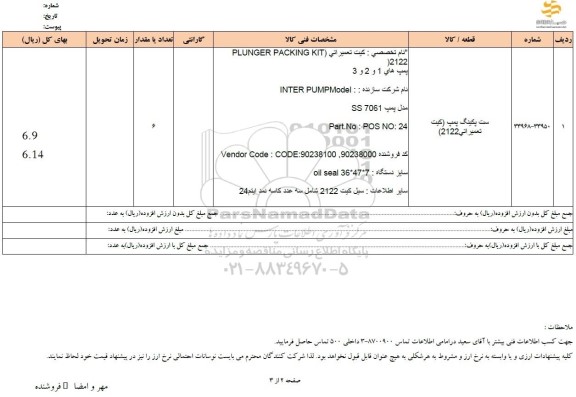 استعلام ست پکینگ پمپ (کیت تعمیراتی 2122)
