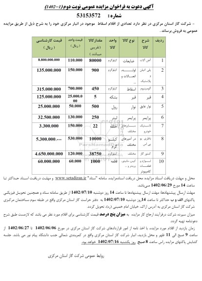 مزایده عمومی فروش تعدادی از اقلام اسقاط موجود در انبار مرکزی- نوبت دوم