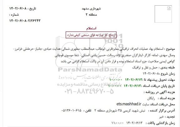 استعلام بهاء عملیات انحراف ترافیکی معابر