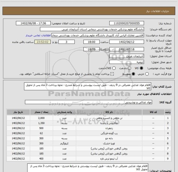 استعلام اقلام مواد غذایی مصرفی در 9 ردیف - طبق لیست پیوستی و شرایط مندرج - نحوه پرداخت 3 ماه پس از تحویل کالا