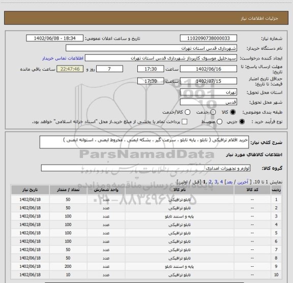 استعلام خرید اقلام ترافیکی ( تابلو ، پایه تابلو ، سرعت گیر ، بشکه ایمنی ، مخروط ایمنی ، استوانه ایمنی )