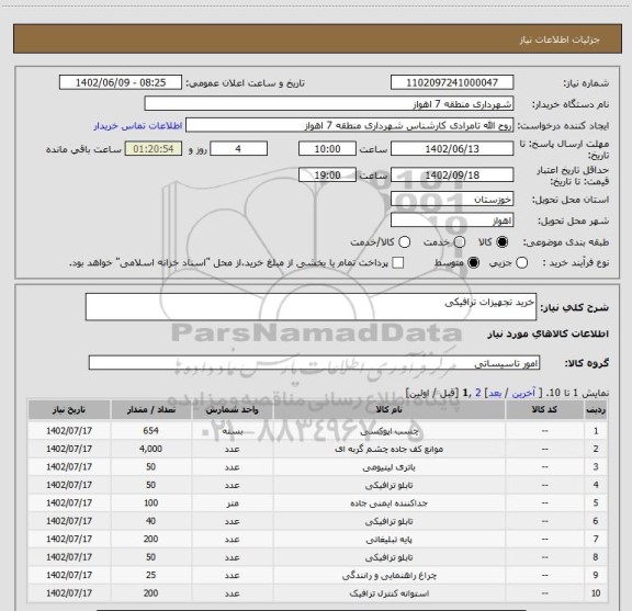 استعلام خرید تجهیزات ترافیکی