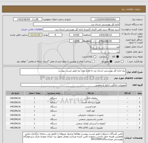 استعلام نیاز اداره کل بهزیستی استان یزد به لوازم مورد نیاز طبق لیست پیوست