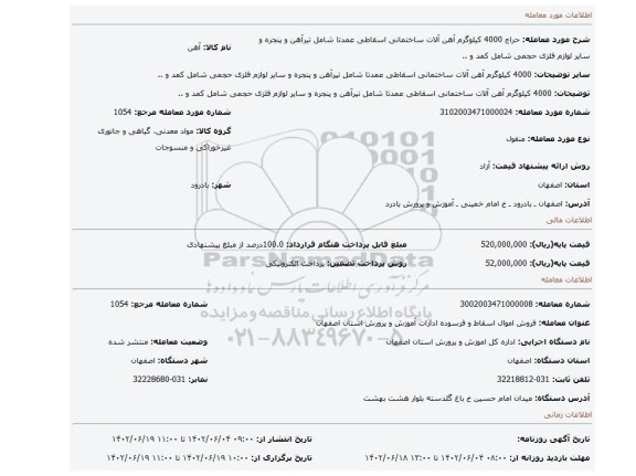 4000 کیلوگرم آهن آلات ساختمانی اسقاطی عمدتا شامل تیرآهن و پنجره و سایر لوازم فلزی حجمی شامل کمد و ..