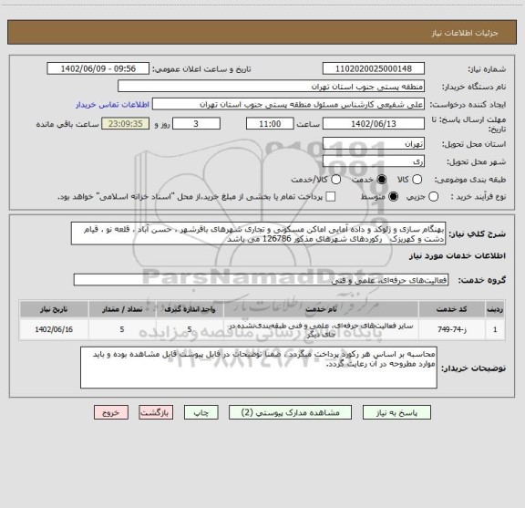 استعلام بهنگام سازی و ژئوکد و داده آمایی اماکن مسکونی و تجاری شهرهای باقرشهر ، حسن آباد ، قلعه نو ، قیام دشت و کهریزک رکوردهای شهرهای مذکور 126786 می باشد