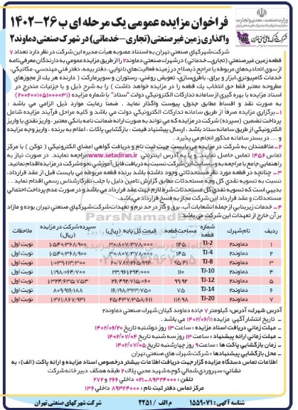 مزایده واگذاری زمین غیرصنعتی ( تجاری - خدماتی ) در شهرک صنعتی دماوند 2