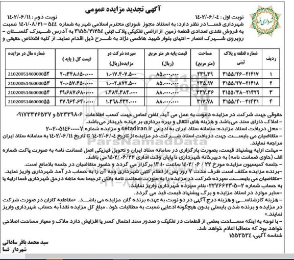 تجدید مزایده فروش نقدی تعدادی قطعه زمین از اراضی تفکیکی پلاک ثبتی 21254/ 3155   ـ نوبت دوم