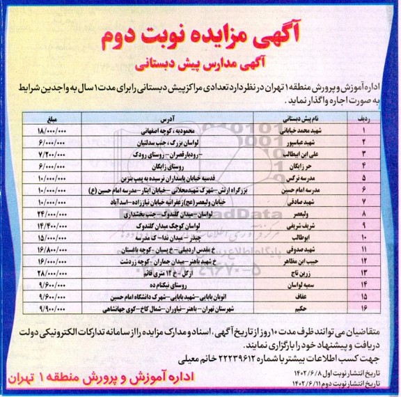 مزایده اجاره تعدادی مراکز پیش دبستانی نوبت دوم 