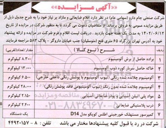 مزایده فروش اقلام ضایعاتی و مازاد بر نیاز