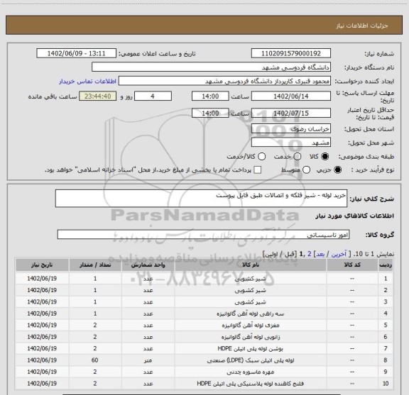 استعلام خرید لوله - شیر فلکه و اتصالات طبق فایل پیوست