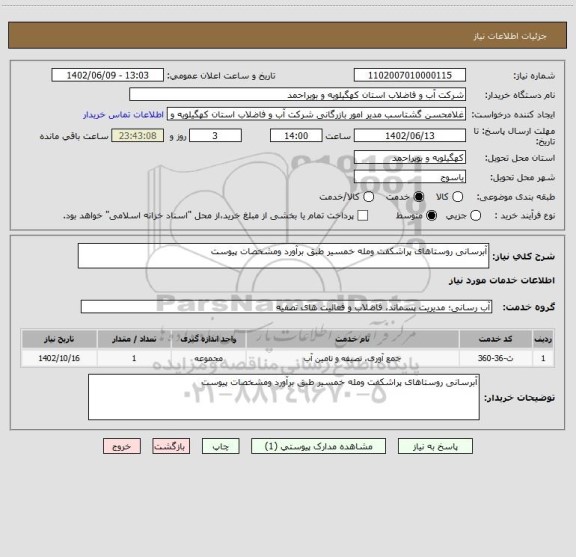 استعلام آبرسانی روستاهای پراشکفت ومله خمسیر طبق برآورد ومشخصات پیوست