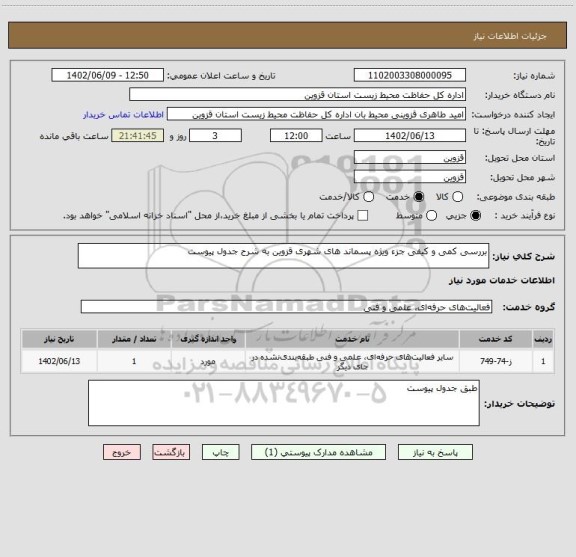استعلام بررسی کمی و کیفی جزء ویژه پسماند های شهری قزوین به شرح جدول پیوست