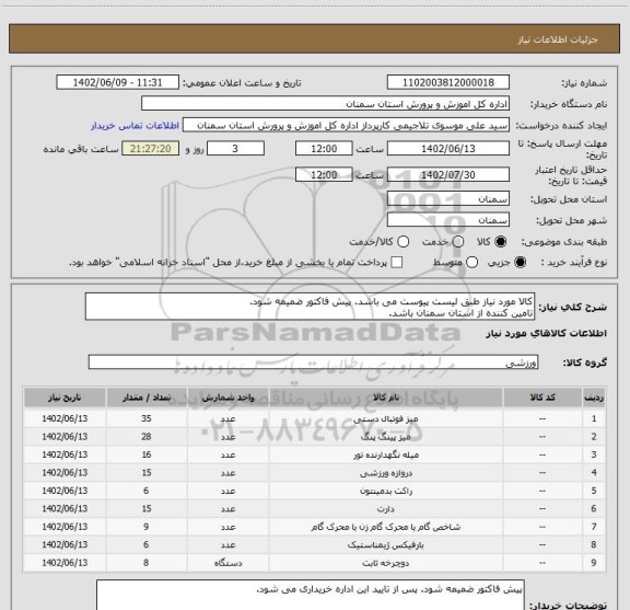 استعلام کالا مورد نیاز طبق لیست پیوست می باشد. پیش فاکتور ضمیمه شود. 
تامین کننده از استان سمنان باشد.