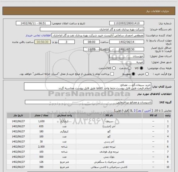 استعلام خرید سیمان،گچ،... مصالح
اعلام قیمت طبق فایل پیوست.حتما واحد کالاها طبق فایل پیوست محاسبه گردد