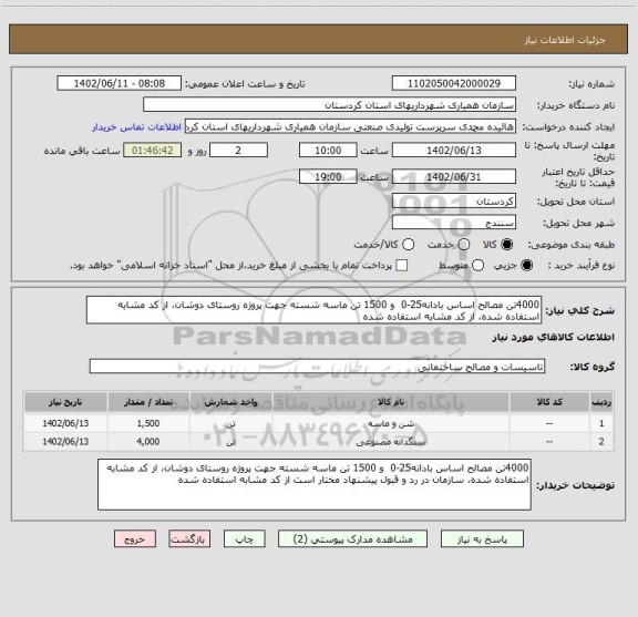 استعلام 4000تن مصالح اساس بادانه25-0  و 1500 تن ماسه شسته جهت پروژه روستای دوشان، از کد مشابه استفاده شده، از کد مشابه استفاده شده
