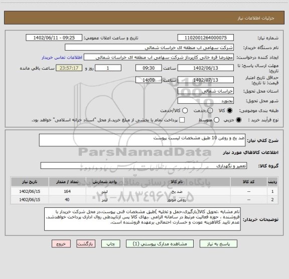 استعلام ضد یخ و روغن 10 طبق مشخصات لیست پیوست