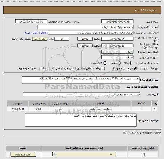 استعلام جدول بتنی به ابعاد 50*40 به ضخامت 15 سانتی متر به تعداد 2000 عدد با عیار 350 کیلوگرم