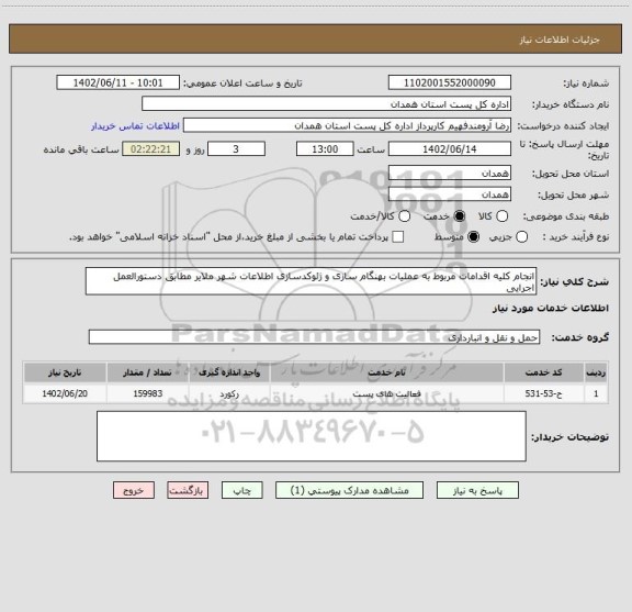 استعلام انجام کلیه اقدامات مربوط به عملیات بهنگام سازی و ژئوکدسازی اطلاعات شهر ملایر مطابق دستورالعمل اجرایی