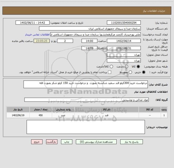 استعلام درخواست خرید 300کیلو قند سفید شکسته بصورت  و درخواست خرید 150 کیلو شکر بصورت فله