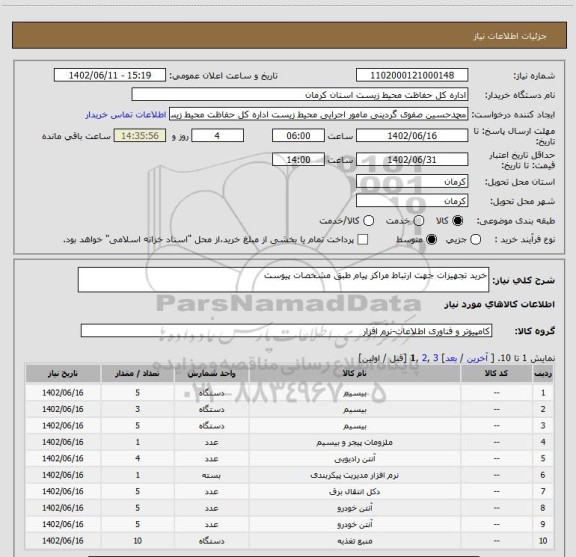 استعلام خرید تجهیزات جهت ارتباط مراکز پیام طبق مشخصات پیوست