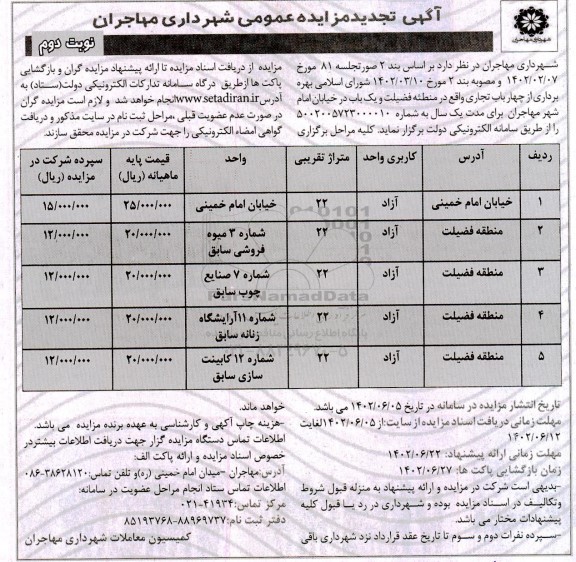 تجدید مزایده بهره برداری از چهار باب تجاری - نوبت دوم 