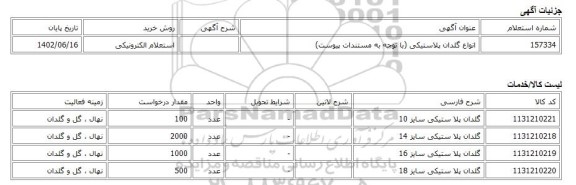 استعلام الکترونیکی، انواع گلدان پلاستیکی (با توجه به مستندات پیوست)