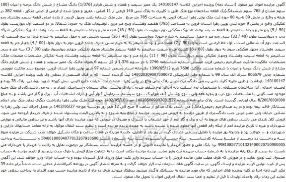 آگهی مزایده یک قطعه ساختمان نوع ملک طلق با کاربری به پلاک ثبتی 140 فرعی از 11 اصلی