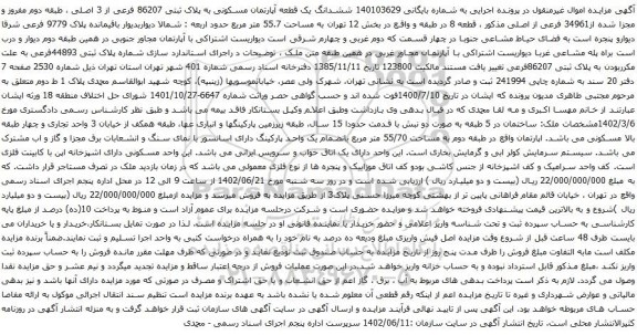 آگهی مزایده ششدانگ یک قطعه آپارتمان مسکونی به پلاک ثبتی 86207 فرعی از 3 اصلی ، طبقه دوم مفروز و مجزا شده از34961 فرعی از اصلی