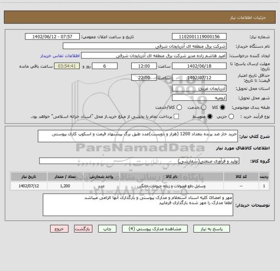 استعلام خرید خار ضد پرنده بتعداد 1200 (هزار و دویست)عدد طبق برگ پیشنهاد قیمت و اسکوپ کاری پیوستی