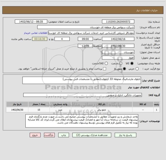 استعلام تابلوی مارشالینگ محوطه 33 کیلوولت(مطابق با مشخصات فنی پیوستی)