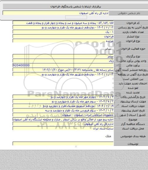 مزایده, اجاره پنج مورد از اماکن  واقع در سالن انتظار ٬ منازل و محوطه ایستگاه راه آهن اصفهان