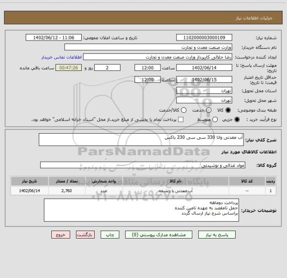 استعلام آب معدنی واتا 330 سی سی 230 باکس