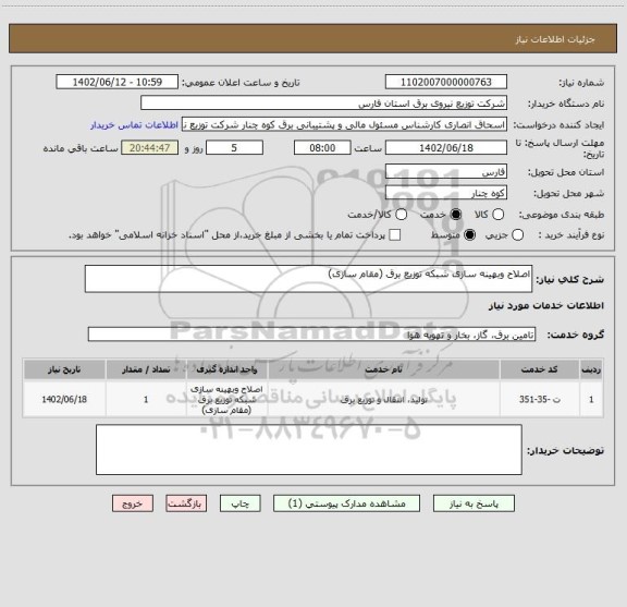 استعلام اصلاح وبهینه سازی شبکه توزیع برق (مقام سازی)