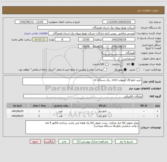 استعلام خرید تابلو 20 کیلوولت cccv , یک دستگاه cv