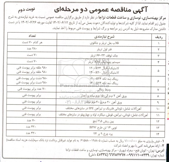 مناقصه خرید نیازمندی .... - نوبت دوم