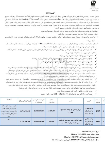 مزایده فروش واحد تجاری به انضمام پارکینگ