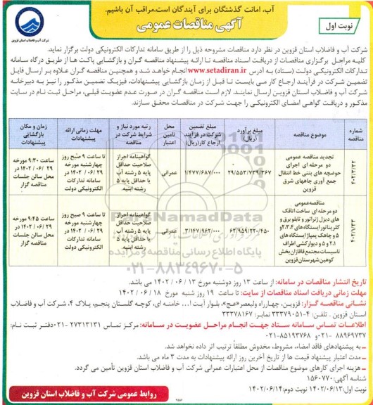 مناقصه اجرای حوضچه های بتنی خط انتقال جمع اوری چاه ....