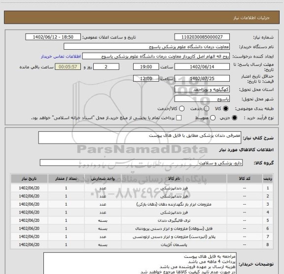 استعلام مصرفی دندان پزشکی مطابق با فایل های پیوست