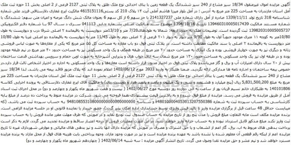آگهی مزایده ششدانگ یک قطعه زمین با بنای احداثی نوع ملک طلق به پلاک ثبتی 2127 فرعی از 2 اصلی بخش 11 