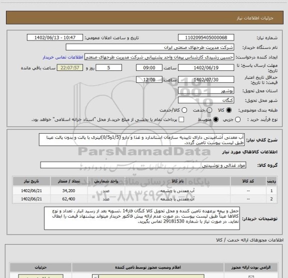 استعلام آب معدنی آشامیدنی دارای تاییدیه سازمان استاندارد و غذا و دارو (1/5و0/5)لیتری با پالت و بدون پالت عینا طبق لیست پیوست تامین گردد.