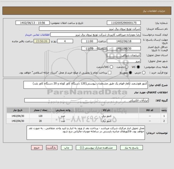استعلام کنتور هوشمند تکفاز فهام یک طبق مشخصات پیوستی(120 دستگاه کاور کوتاه و 20 دستگاه کاور بلند)
