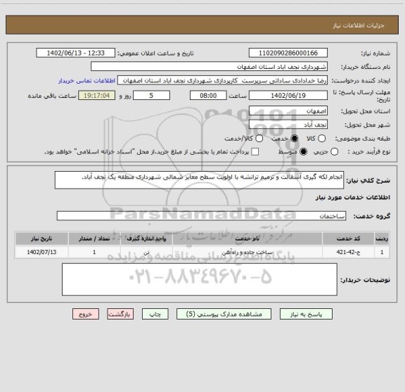 استعلام انجام لکه گیری آسفالت و ترمیم ترانشه با اولویت سطح معابر شمالی شهرداری منطقه یک نجف آباد.