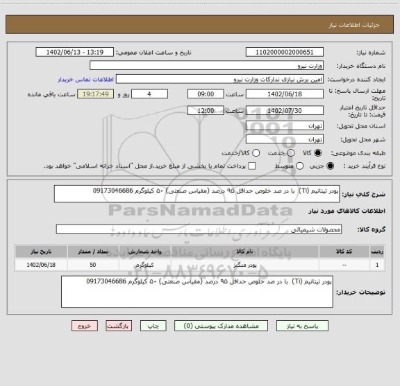استعلام پودر تیتانیم (Ti)  با در صد خلوص حداقل ۹۵ درصد (مقیاس صنعتی) ۵۰ کیلوگرم 09173046686