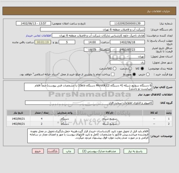 استعلام 6 دستگاه سوئیچ شبکه (4 دستگاه Microtik)(2 دستگاه Cisco) با مشخصات فنی پیوست(حتماً اقلام میبایست نو باشند)