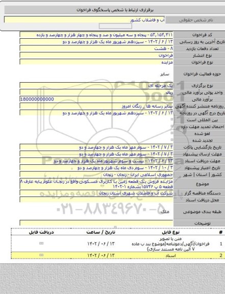 مزایده, مزایده فروش یک قطعه زمین با کاربری مسکونی واقع در زنجان علوم پایه عارف ۸ قطعه ۵ پ ۱۵۷۴۶بشماره ۱-۱۴۰۲