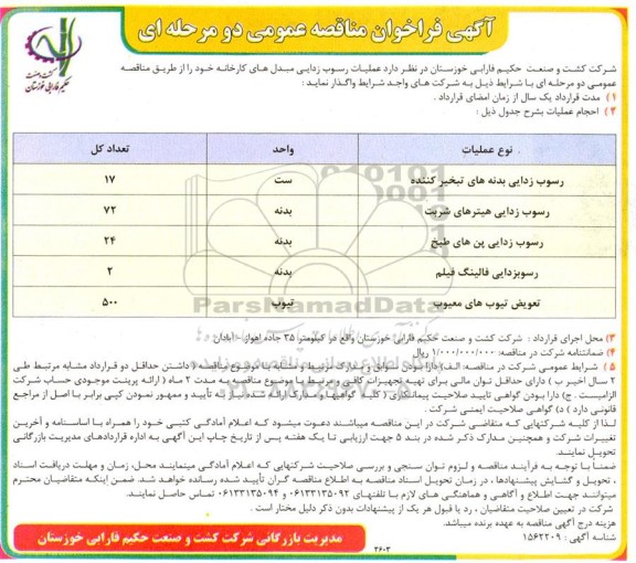 مناقصه عملیات رسوب زدایی مبدل های کارخانه